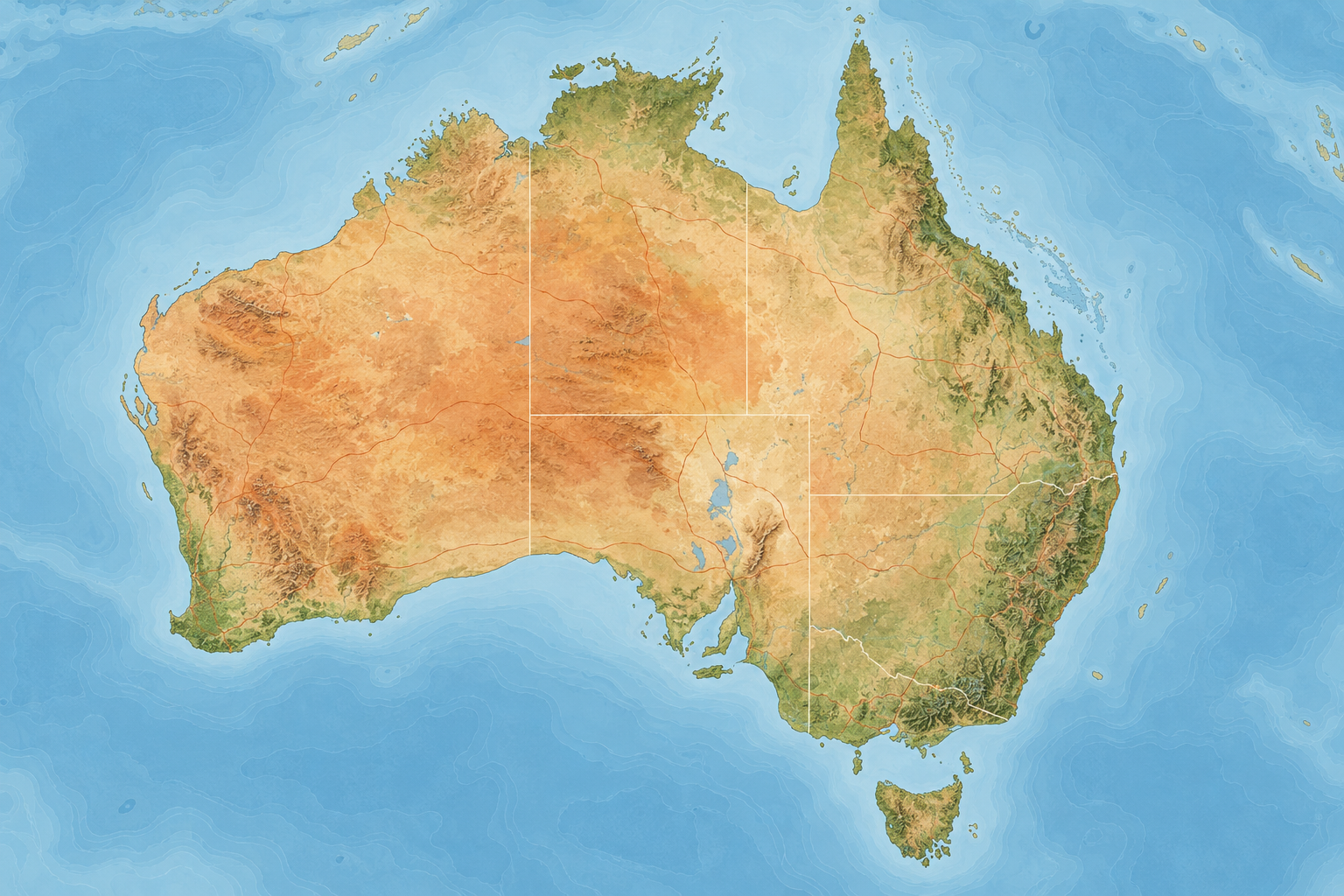 Illustrative topographic map of Australia without venue markers